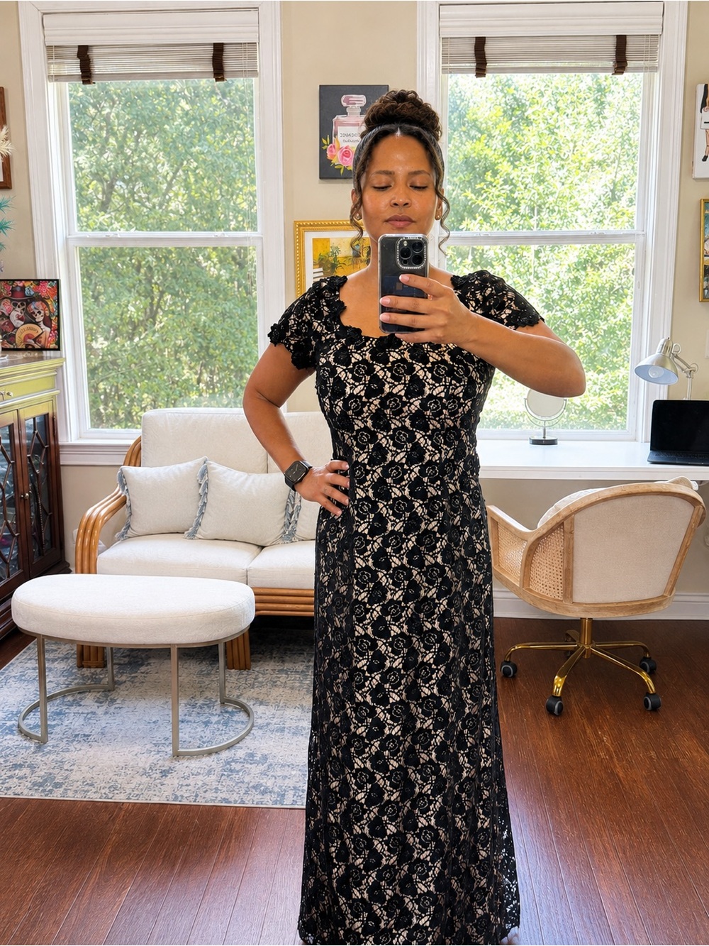 JS Boutique Black Lace Cocktail Dress Nude Lining Size 12